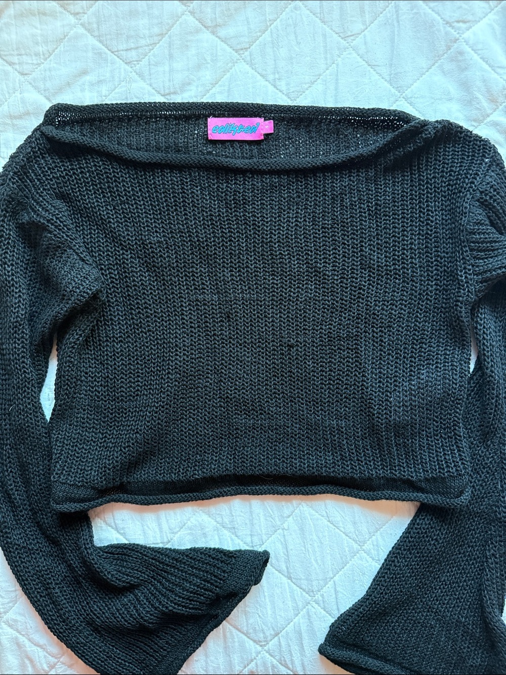 Edikted Black Off-the-Shoulder Cropped Knit Sweater